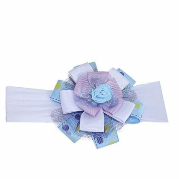Baby Headband, Girl's Hairband White, Blue & Lavander with Blue Rose - Picture 2 of 2